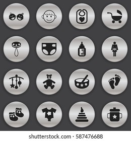 Set Of 16 Editable Kid Icons. Includes Symbols Such As Merry Children, Rattle, Nursing Bottle And More. Can Be Used For Web, Mobile, UI And Infographic Design.