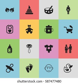 Set Of 16 Editable Kid Icons. Includes Symbols Such As Teddy, Goplet, Footmark And More. Can Be Used For Web, Mobile, UI And Infographic Design.