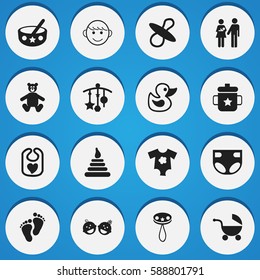 Set Of 16 Editable Kid Icons. Includes Symbols Such As Spoon, Small Dresses, Goplet And More. Can Be Used For Web, Mobile, UI And Infographic Design.