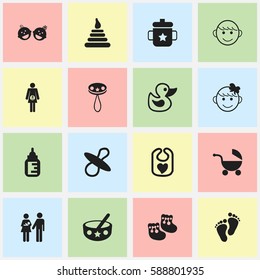 Set Of 16 Editable Kid Icons. Includes Symbols Such As Tower, Nursing Bottle, Stroller And More. Can Be Used For Web, Mobile, UI And Infographic Design.