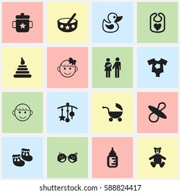 Set Of 16 Editable Kid Icons. Includes Symbols Such As Small Dresses, Nursing Bottle, Tower And More. Can Be Used For Web, Mobile, UI And Infographic Design.