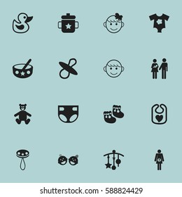 Set Of 16 Editable Kid Icons. Includes Symbols Such As Small Dresses, Adorn, Spoon And More. Can Be Used For Web, Mobile, UI And Infographic Design.