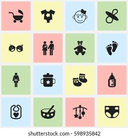Set Of 16 Editable Kid Icons. Includes Symbols Such As Lineage, Cheerful Child, Stroller And More. Can Be Used For Web, Mobile, UI And Infographic Design.