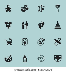 Set Of 16 Editable Kid Icons. Includes Symbols Such As Merry Children, Small Dresses, Nappy And More. Can Be Used For Web, Mobile, UI And Infographic Design.