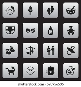 Set Of 16 Editable Kid Icons. Includes Symbols Such As Merry Children, Goplet, Lineage And More. Can Be Used For Web, Mobile, UI And Infographic Design.