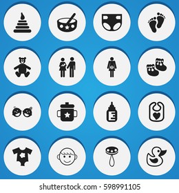 Set Of 16 Editable Kid Icons. Includes Symbols Such As Tower, Goplet, Merry Children And More. Can Be Used For Web, Mobile, UI And Infographic Design.