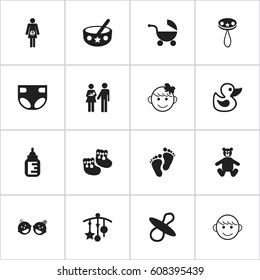 Set Of 16 Editable Kid Icons. Includes Symbols Such As Footmark, Rattle, Cheerful Child And More. Can Be Used For Web, Mobile, UI And Infographic Design.