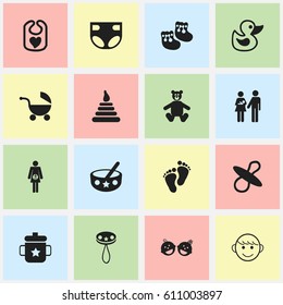 Set Of 16 Editable Kid Icons. Includes Symbols Such As Bath Toys, Soothers, Shoes For Babies And More. Can Be Used For Web, Mobile, UI And Infographic Design.