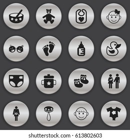 Set Of 16 Editable Kid Icons. Includes Symbols Such As Bath Toys, Goplet, Spoon And More. Can Be Used For Web, Mobile, UI And Infographic Design.