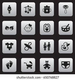 Set Of 16 Editable Kid Icons. Includes Symbols Such As Lineage, Nappy, Twins Babies And More. Can Be Used For Web, Mobile, UI And Infographic Design.