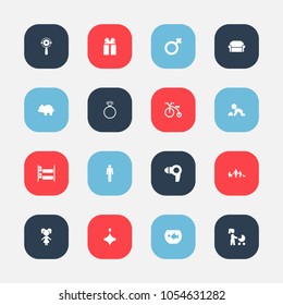 Set of 16 editable kin icons. Includes symbols such as whirligig, stroller, female symbol and more. Can be used for web, mobile, UI and infographic design.