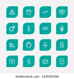 Set of 16 editable kin icons line style. Includes symbols such as camera, slippers, woman symbol and more. Can be used for web, mobile, UI and infographic design.