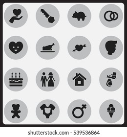 Set Of 16 Editable Kin Icons. Includes Symbols Such As Moneybox, Fried Chicken, Bodysuit And More. Can Be Used For Web, Mobile, UI And Infographic Design.