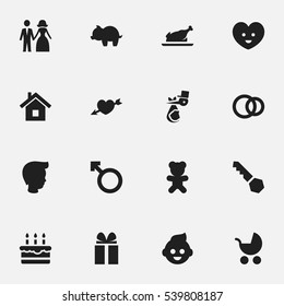 Set Of 16 Editable Kin Icons. Includes Symbols Such As Baby, Child, Moneybox And More. Can Be Used For Web, Mobile, UI And Infographic Design.