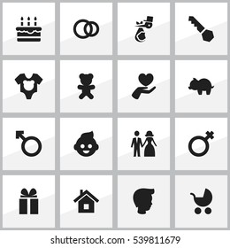 Set Of 16 Editable Kin Icons. Includes Symbols Such As Lock, Child, Woman Sign And More. Can Be Used For Web, Mobile, UI And Infographic Design.