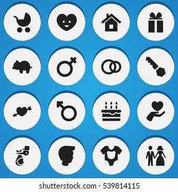 Set Of 16 Editable Kin Icons. Includes Symbols Such As Love, Woman Sign, Patisserie And More. Can Be Used For Web, Mobile, UI And Infographic Design.
