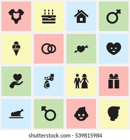 Set Of 16 Editable Kin Icons. Includes Symbols Such As Man Emblem, Married, Woman Sign And More. Can Be Used For Web, Mobile, UI And Infographic Design.