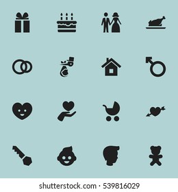 Set Of 16 Editable Kin Icons. Includes Symbols Such As Hoop, Boy, Heart And More. Can Be Used For Web, Mobile, UI And Infographic Design.