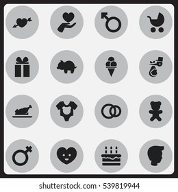 Set Of 16 Editable Kin Icons. Includes Symbols Such As Child, Man Emblem, Hoop And More. Can Be Used For Web, Mobile, UI And Infographic Design.