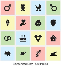Set Of 16 Editable Kin Icons. Includes Symbols Such As Toy, Hoop, Home And More. Can Be Used For Web, Mobile, UI And Infographic Design.