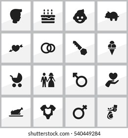 Set Of 16 Editable Kin Icons. Includes Symbols Such As Child, Married, Hoop And More. Can Be Used For Web, Mobile, UI And Infographic Design.