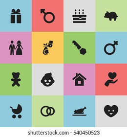 Set Of 16 Editable Kin Icons. Includes Symbols Such As Man Emblem, Soul, Baby And More. Can Be Used For Web, Mobile, UI And Infographic Design.