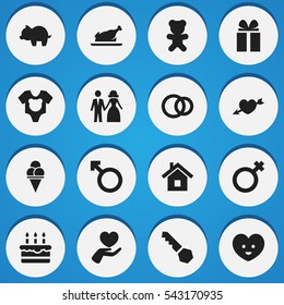 Set Of 16 Editable Kin Icons. Includes Symbols Such As Man Emblem, Heart, Toy And More. Can Be Used For Web, Mobile, UI And Infographic Design.