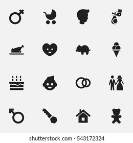 Set Of 16 Editable Kin Icons. Includes Symbols Such As Boy, Cold Dessert, Fried Chicken And More. Can Be Used For Web, Mobile, UI And Infographic Design.