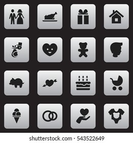 Set Of 16 Editable Kin Icons. Includes Symbols Such As Perambulator, Cold Dessert, Bodysuit And More. Can Be Used For Web, Mobile, UI And Infographic Design.