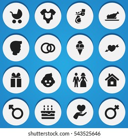 Set Of 16 Editable Kin Icons. Includes Symbols Such As Perambulator, Patisserie, Child And More. Can Be Used For Web, Mobile, UI And Infographic Design.