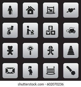 Set Of 16 Editable Kin Icons. Includes Symbols Such As Grandson, Toy, Wizard. Can Be Used For Web, Mobile, UI And Infographic Design.