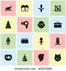 Set Of 16 Editable Kin Icons. Includes Symbols Such As Nipple, Son, Swimming Trunks And More. Can Be Used For Web, Mobile, UI And Infographic Design.