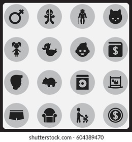 Set Of 16 Editable Kin Icons. Includes Symbols Such As Grandpa , Moneybox, Bath Toys. Can Be Used For Web, Mobile, UI And Infographic Design.
