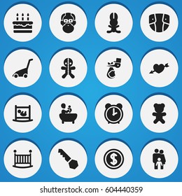 Set Of 16 Editable Kin Icons. Includes Symbols Such As Wizard, Lock, Diaper And More. Can Be Used For Web, Mobile, UI And Infographic Design.