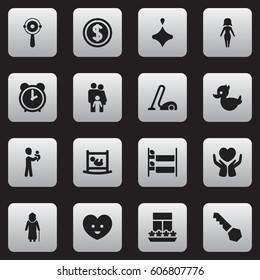 Set Of 16 Editable Kin Icons. Includes Symbols Such As Mom, Rattle, Bath Toys And More. Can Be Used For Web, Mobile, UI And Infographic Design.