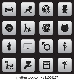 Set Of 16 Editable Kin Icons. Includes Symbols Such As Man Emblem, Stove, Monitor And More. Can Be Used For Web, Mobile, UI And Infographic Design.