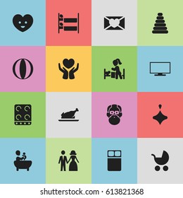 Set Of 16 Editable Kin Icons. Includes Symbols Such As Fried Chicken, Save Love, Mattress And More. Can Be Used For Web, Mobile, UI And Infographic Design.