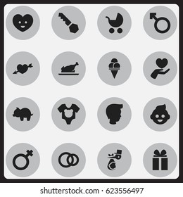 Set Of 16 Editable Kin Icons. Includes Symbols Such As Boy, Heart, Man Emblem And More. Can Be Used For Web, Mobile, UI And Infographic Design.