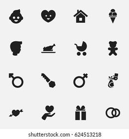 Set Of 16 Editable Kin Icons. Includes Symbols Such As Woman Sign, Toy, Soul And More. Can Be Used For Web, Mobile, UI And Infographic Design.