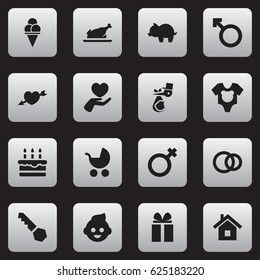 Set Of 16 Editable Kin Icons. Includes Symbols Such As Gift, Love, Man Emblem And More. Can Be Used For Web, Mobile, UI And Infographic Design.