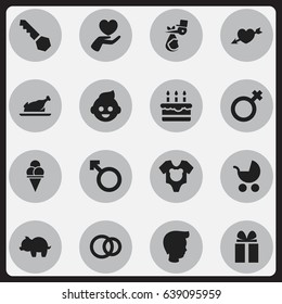 Set Of 16 Editable Kin Icons. Includes Symbols Such As Man Emblem, Baby, Heart And More. Can Be Used For Web, Mobile, UI And Infographic Design.