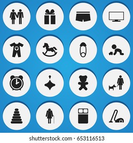 Set Of 16 Editable Kin Icons. Includes Symbols Such As Swimming Trunks, Pony, Fasten And More. Can Be Used For Web, Mobile, UI And Infographic Design.