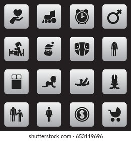 Set Of 16 Editable Kin Icons. Includes Symbols Such As Perambulator, Kid, Ancestor And More. Can Be Used For Web, Mobile, UI And Infographic Design.