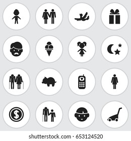 Set Of 16 Editable Kin Icons. Includes Symbols Such As Couple, Greenback, Midnight And More. Can Be Used For Web, Mobile, UI And Infographic Design.