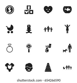 Set Of 16 Editable Kin Icons. Includes Symbols Such As Soul, Father With Dog, Child And More. Can Be Used For Web, Mobile, UI And Infographic Design.