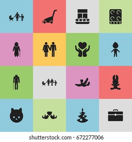 Set Of 16 Editable Kin Icons. Includes Symbols Such As Ancestor, Cooker, Fir And More. Can Be Used For Web, Mobile, UI And Infographic Design.