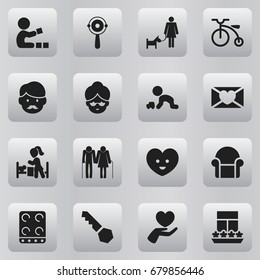 Set Of 16 Editable Kin Icons. Includes Symbols Such As Oldsters, Father, Lock And More. Can Be Used For Web, Mobile, UI And Infographic Design.