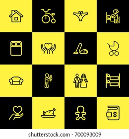 Set Of 16 Editable Kin Outline Icons. Includes Symbols Such As Double Bed, Heart In Hand, Sweeper. Can Be Used For Web, Mobile, UI And Infographic Design.