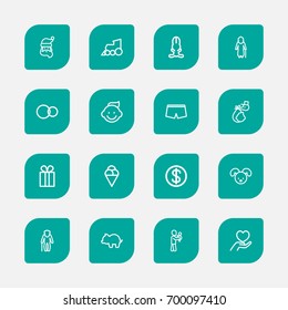 Set Of 16 Editable Kin Outline Icons. Includes Symbols Such As Care, Perambulator, Grandmother. Can Be Used For Web, Mobile, UI And Infographic Design.
