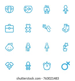 Set Of 16 Editable Kin Outline Icons. Includes Symbols Such As Dress, Clothes, Girl And More. Can Be Used For Web, Mobile, UI And Infographic Design.